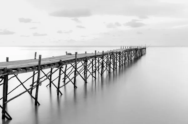 Fotografii czarno-białej plaży drewniane molo — Zdjęcie stockowe