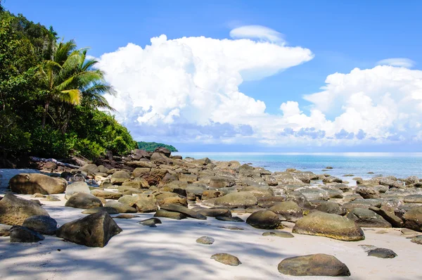 Belle plage tropicale, avec sable blanc, eaux bleues et rochers colorés — Photo