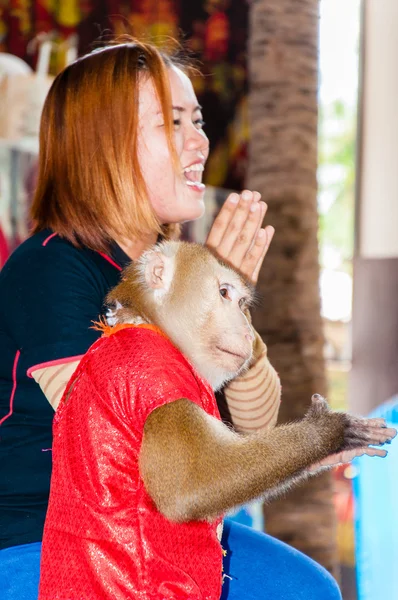 Maymun göstermek damnoen saduak yüzen Pazar, Tayland — Stok fotoğraf