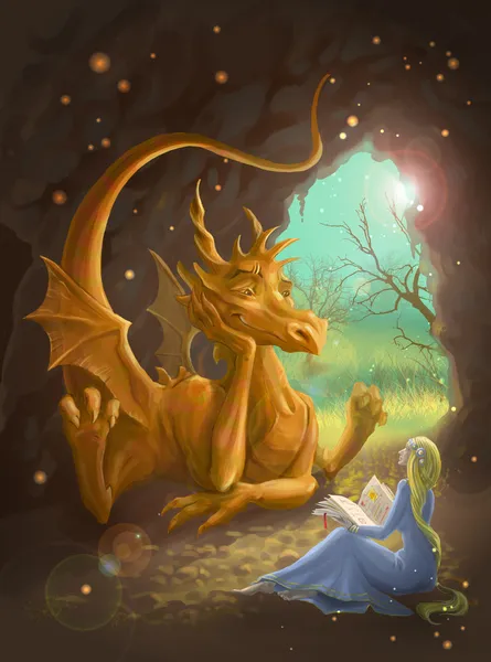 Dragon and princess reading a book — Stock Photo, Image