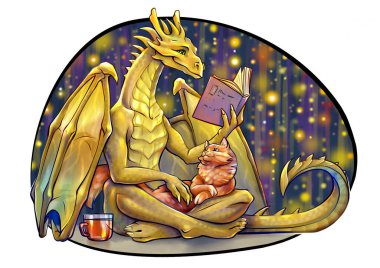 Altın ejder bir kediyle kitap okuyor.