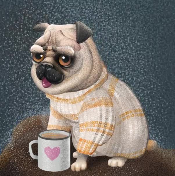 Animación de un pug dibujado o bulldog francés, en un suéter de punto con una taza... noches frías de otoño y una Navidad tranquila. dibujo animado, dibujado, dibujo en movimiento. — Vídeo de stock