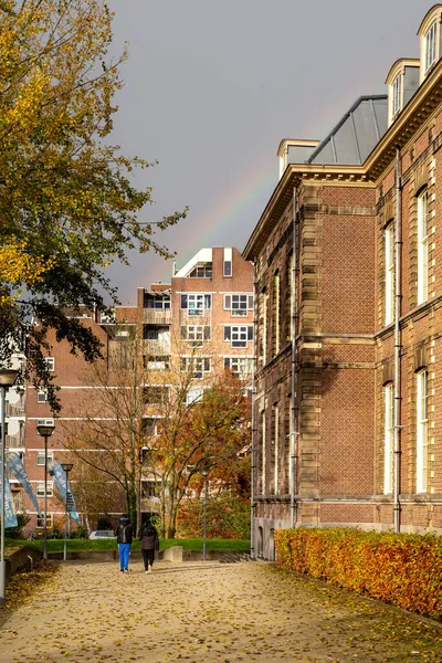 November 2021 Leiden Niederlande Regenbogen Über Der Bunten Fassade Des — Stockfoto