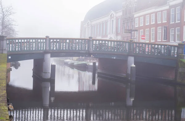 Kanallardaki Sisli Sabahın Kış Görüntüsü Leiden Hollanda — Stok fotoğraf