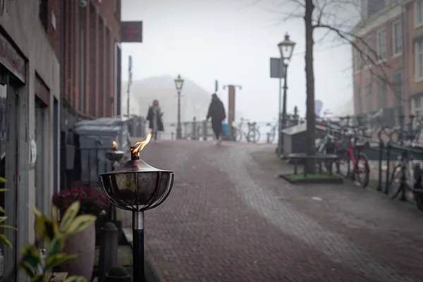 Téli Kép Ködös Reggelről Csatornákon Leiden Hollandia — Stock Fotó