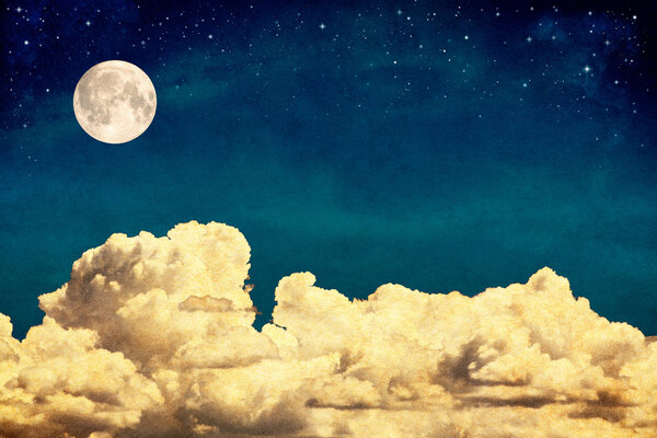 A fantasy cloudscape with stars and a full moon overlaid with a vintage, textured watercolor paper background.