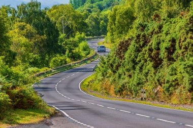 A car drives on a road. A narrow, winding road in Scotland along Loch Ness. Trees and bushes next to the road in summer in sunshine. Traffic signs and guard rails clipart