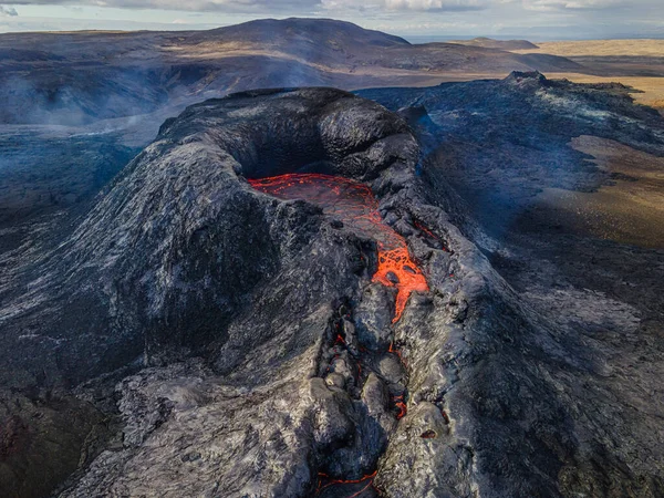 View Crater Active Volcano Lava Flow Beginning Eruption Landscape Reykjanes — 图库照片