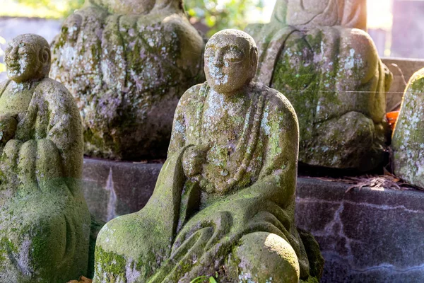 Древние Статуи Сидящих Буддийских Монахов Гранита Солнечный Летний День Крупный — стоковое фото