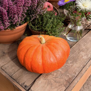 Büyük bir portakal kabağı ve sonbahar çiçekleri ahşap bir stantta. Kapatın. Renkli sonbahar hasadı.