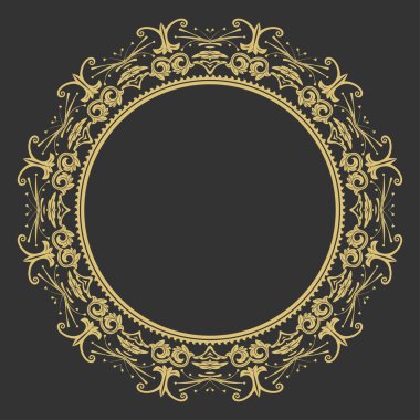 Dairesel barok süsü. Altın dekoratif çerçeve. Mesajın yeri. Monogram, logo, düğün davetiyesi, menü için kullanılabilir. Vektör grafikleri.