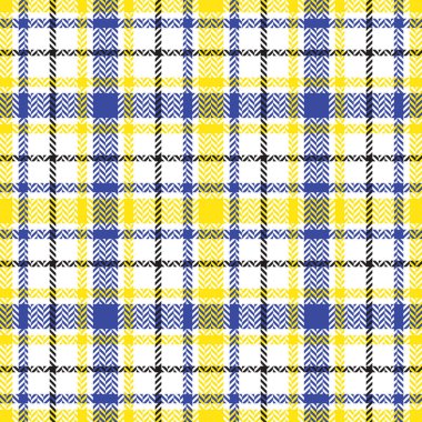 Ekose desenli. Renkli İskoç moda kafesi dokusu. Mavi, sarı, beyaz arka plan ringa kemiği. Kumaş, gömlek, tekstil, perde ve masa örtüsü üzerine vektör grafikler.