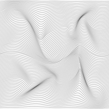Dalgalı doğrusal soyut doku. Optik çarpıtma yanılsaması olan siyah beyaz bir arka plan. Vektör grafik tasarımı.