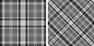 Tartan deseni ayarlandı. Soyut siyah beyaz ekoseli arkaplan. Düz ve eğimli İskoç kafesi. Kumaşlar, gömlekler ve tekstil üzerine vektör grafikleri.
