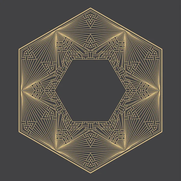 Dairesel dekoratif altın çerçeve. Geometrik soyut süs ve metin için yer. Monogram, tebrik kartı, düğün davetiyesi. Vektör grafiği.