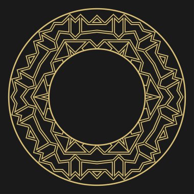 Dairesel dekoratif altın çerçeve. Geometrik soyut süs ve metin için yer. Monogram, tebrik kartı, düğün davetiyesi. Vektör grafiği.