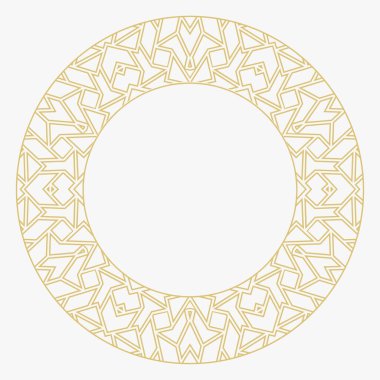Dairesel dekoratif altın çerçeve. Geometrik soyut süs ve metin için yer. Monogram, tebrik kartı, düğün davetiyesi. Vektör grafiği.