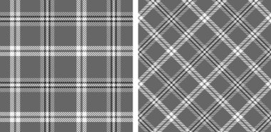 Tartan deseni ayarlandı. Soyut siyah beyaz ekoseli arkaplan. Düz ve eğimli İskoç kafesi. Kumaşlar, gömlekler ve tekstil üzerine vektör grafikleri.