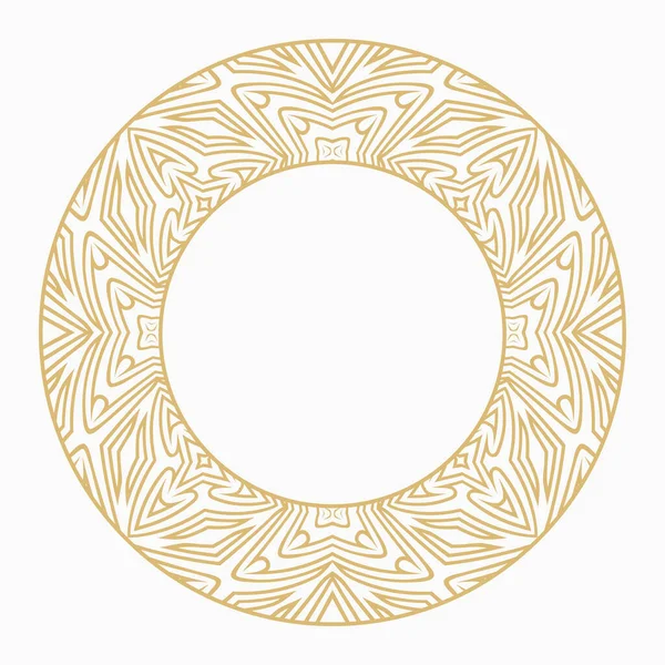 Dairesel dekoratif altın çerçeve. Geometrik soyut süs ve metin için yer. Monogram, tebrik kartı, düğün davetiyesi. Element vektör tasarımı.