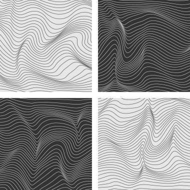 Set an abstract wavy linear texture. Relief black white background with optical illusion of distortion. Vector graphic.