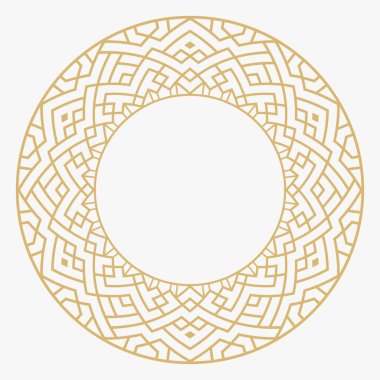 Dairesel dekoratif altın çerçeve. Geometrik soyut süs ve metin için yer. Monogram, tebrik kartı, düğün davetiyesi. Element vektör tasarımı.