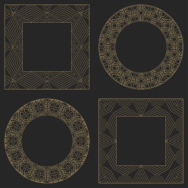 Dairesel dekoratif süsleme yap. Yuvarlak ve dikdörtgen şekilli altın çerçeveler. Mesaj için yer. Lüks malların, logoların, monogramların tasarım elementlerinin sanat süsü. Vektör illüstrasyonu.
