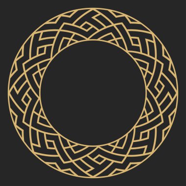 Dairesel dekoratif altın çerçeve. Geometrik soyut süs ve metin için yer. Monogram, tebrik kartı, düğün davetiyesi. Element vektör tasarımı.