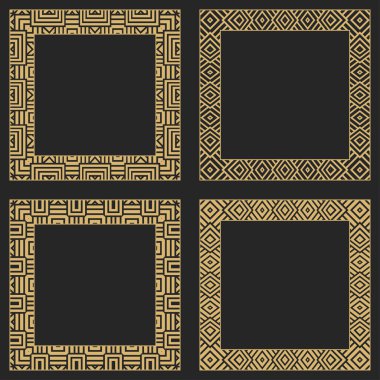 Geometrik dikdörtgen şekilli çerçeve seti. Lüks malların, logoların, monogramların tasarım elementlerinin sanat süsü. Vektör illüstrasyonu