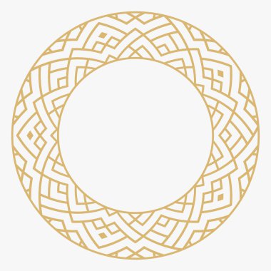 Dairesel dekoratif altın çerçeve. Geometrik soyut süs ve metin için yer. Monogram, tebrik kartı, düğün davetiyesi. Element vektör tasarımı.