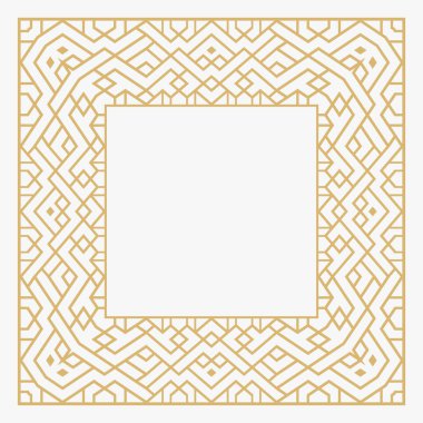 Dairesel dekoratif altın çerçeve. Dikdörtgen biçiminde soyut süs, yazı için yer var. Lüks malların, logoların, monogramların, tebrik kartlarının tasarımı. Vektör. 