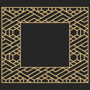 Dairesel dekoratif altın çerçeve. Dikdörtgen biçiminde soyut süs, yazı için yer var. Lüks malların, logoların, monogramların, tebrik kartlarının tasarımı. Vektör. 