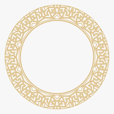 Dairesel dekoratif altın çerçeve. Geometrik soyut süs ve metin için yer. Monogram, tebrik kartı, düğün davetiyesi. Element vektör tasarımı.