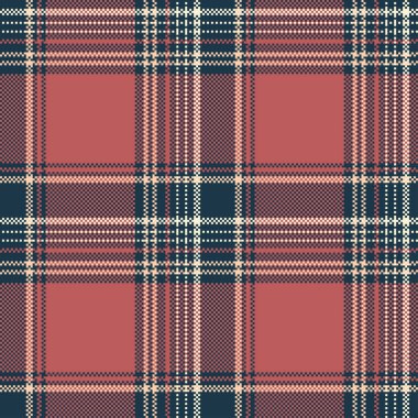 Ekose desenleri kontrol et. Kırmızı, mavi, bej piksel arka plan taraması. Tartan kafesi soyut dokusu. Kumaş, gömlek, tekstil, perde ve masa örtüsü üzerine vektör grafikleri.