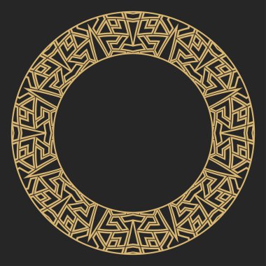 Dairesel dekoratif altın çerçeve. Geometrik soyut süs ve metin için yer. Monogram, tebrik kartı, düğün davetiyesi. Element vektör tasarımı.