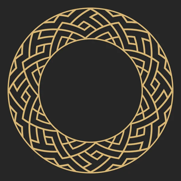 Dairesel dekoratif altın çerçeve. Geometrik soyut süs ve metin için yer. Monogram, tebrik kartı, düğün davetiyesi. Element vektör tasarımı.