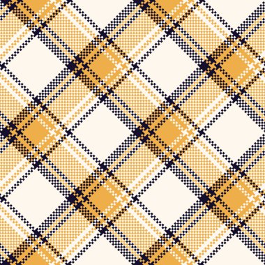 Ekose desenleri kontrol et. Sarı, beyaz, mavi piksel arkaplan taraması. Tartan kafesi soyut dokusu. Kumaş, gömlek, tekstil, perde ve masa örtüsü üzerine vektör grafikleri.