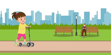 Cute Girl Riding Kick Scooter in City Park with Her Father