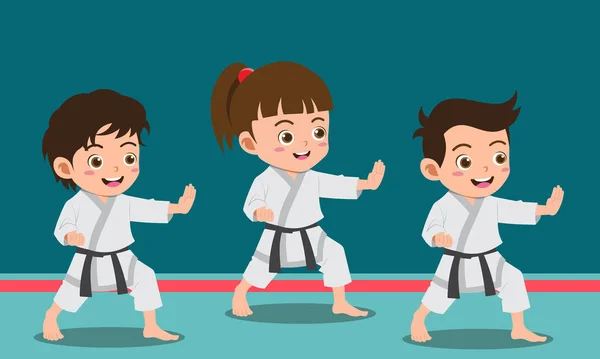 Cute Girls Boys Practicing Martial Arts — Vector de stock