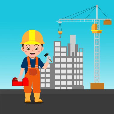 Cute Boy Working As Engineer, Background in Separated Layer For Easy Editing