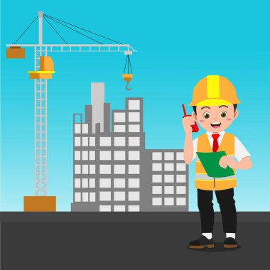 Cute Boy Working As Engineer, Background in Separated Layer For Easy Editing