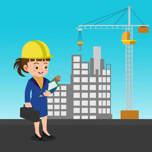 Cute Girl Working Engineer Background Separated Layer Easy Editing — Vector de stock