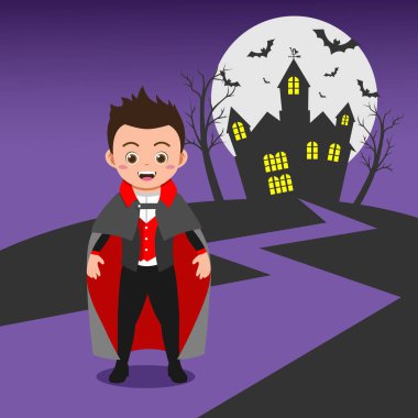 Cute Boy Wearing Dracula Halloween Costume, Background in Separate Layers For Easy Editing
