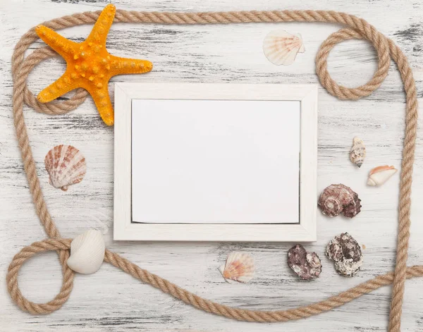 Nautical background with ropes, shells and starfish