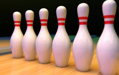 Bowling salonunda bir sıra lobut. 3B görüntüleme