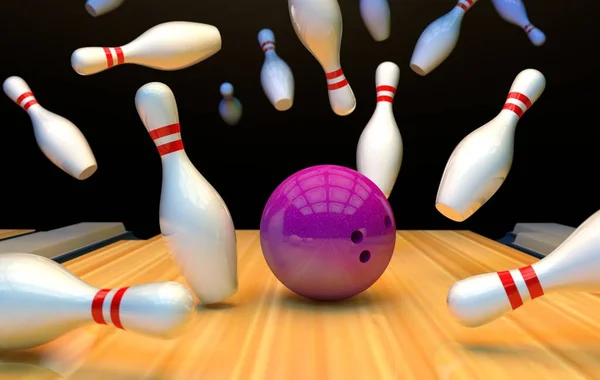 Bowling strike, the ball breaks the pins. 3D rendering