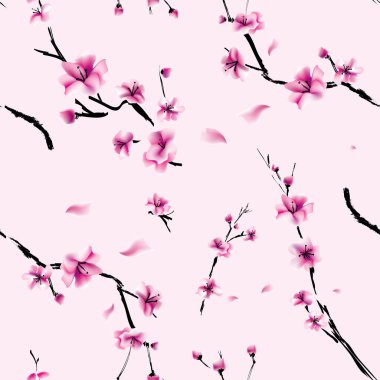 Açık pembe, pürüzsüz desenli, sakura dallı. Pembe, dikişsiz desenli, Japon kiraz çiçekli dallar.