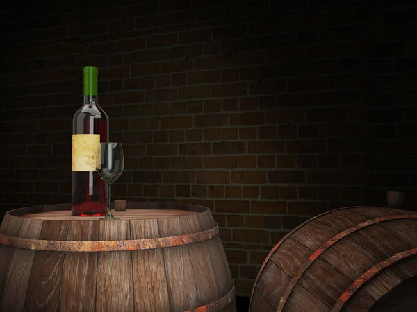 bottle of red wine on a barrel in a wine cellar 3d render