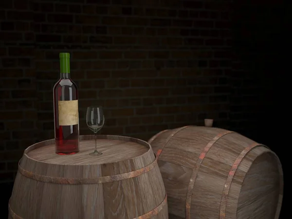 bottle of red wine on a barrel in a wine cellar 3d render