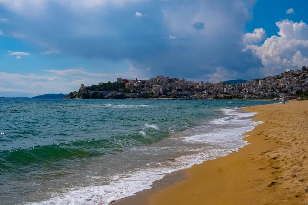 Beach Golden Sand Clouds Waves Kavala Greece — Stock Photo, Image