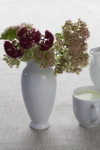 En kopp mjölk och höst blommor — Stockfoto